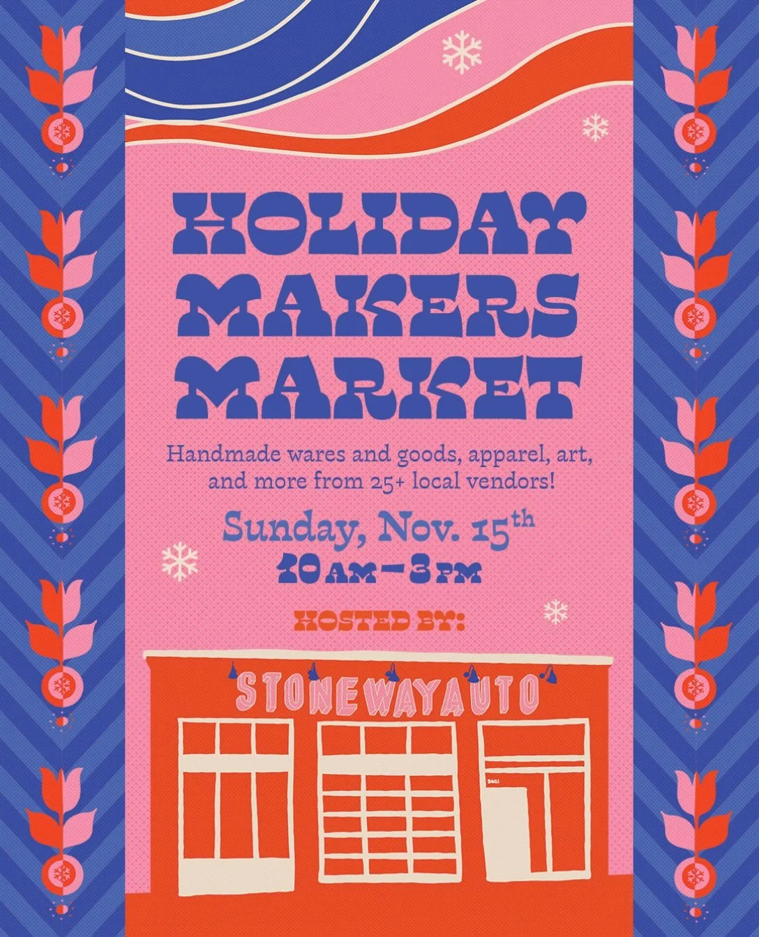 Our second Holiday Makers Market at Stone Way Auto is happening on Sunday, November 15th! 

Swing by between 10:00AM-3:00PM to shop ceramics, body care, upcycled apparel, knitwear, jewelry, fiber art, live pet portraits, prints, glass art and more fr