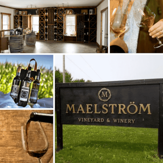 Collage of Maelström Vineyard & Winery featuring wine bottles, a tasting room, a sign, and wine being poured into a glass.