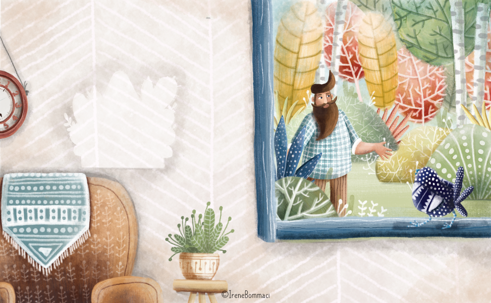 Un uomo con barba e capelli lisci, vestito con una camicia a quadri e pantaloni marroni, si affaccia da una finestra su un paesaggio di alberi colorati, con foglie varie e un topo stilizzato di colore blu dietro la finestra.