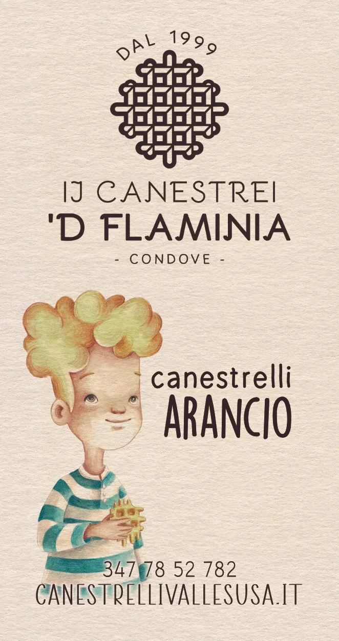 Etichetta di un'azienda di canestrelli, biscotti artigianali, con un logo decorativo e un'immagine di un bambino con capelli a forma di canestrello