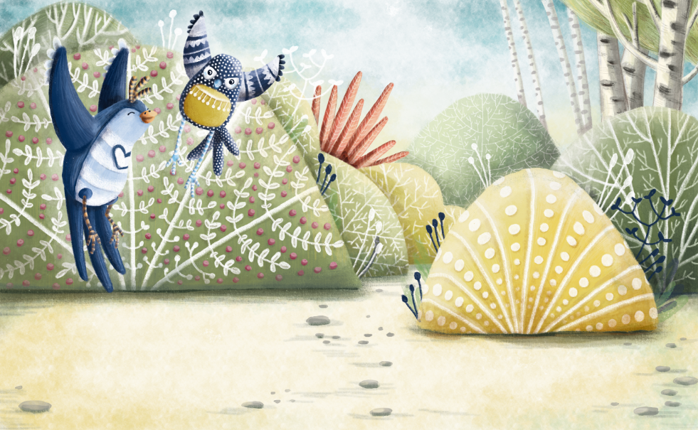 Illustrazione colorata di due uccelli e una creatura con tentacoli in un paesaggio con piante e rocce