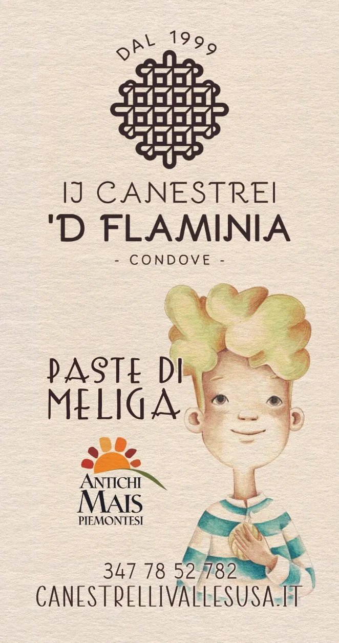 Biglietto promozionale per un'azienda di prodotti alimentari, con un logo decorativo, il nome dell'azienda 'I Canestrei d Flaminia', un'illustrazione di un bambino con capelli a forma di nuvole, e dettagli di contatto e sito web.