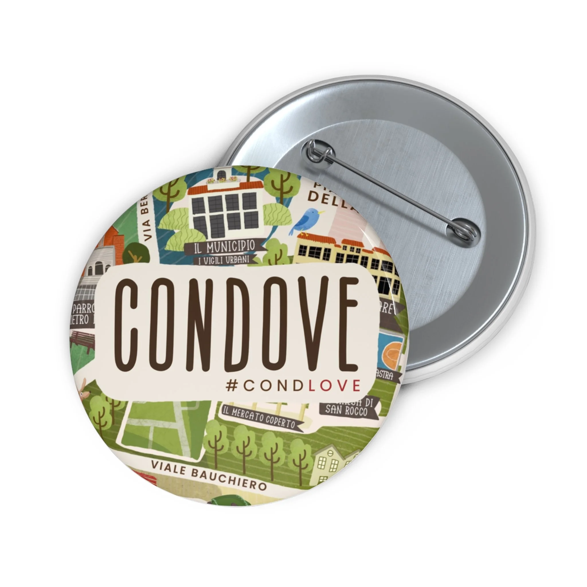 Targa rotonda con illustrazione di elementi urbani e natura, con la scritta 'CONDO' e hashtag '#CONDLOVE'.