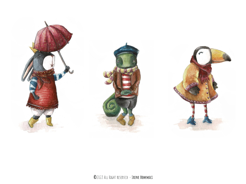 Tre animali antropomorfi disegnati con abiti colorati e accessori, ciascuno con caratteristiche uniche. Il primo è un coniglio che tiene un ombrello, il secondo è un camaleonte con un berretto e una sciarpa, e il terzo è un pinguino con un cappotto e