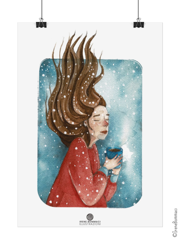 Ritratto di una ragazza con lunghi capelli castani che fluttuano, con gli occhi chiusi, che tiene una tazza di bevanda calda, in un'illustrazione acquerello con sfondo blu e neve.