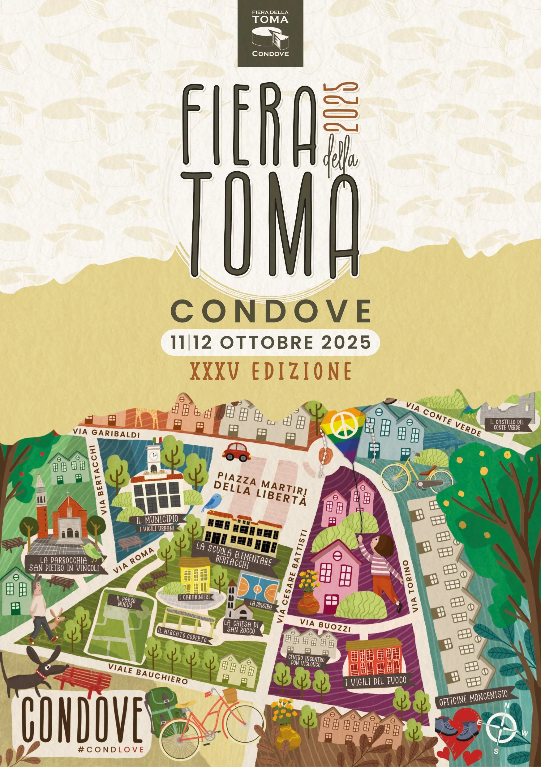 Locandina dell'edizione 2025 della Fiera della Toma a Condove, con mappa illustrata della città e dettagli sugli eventi, date e location.