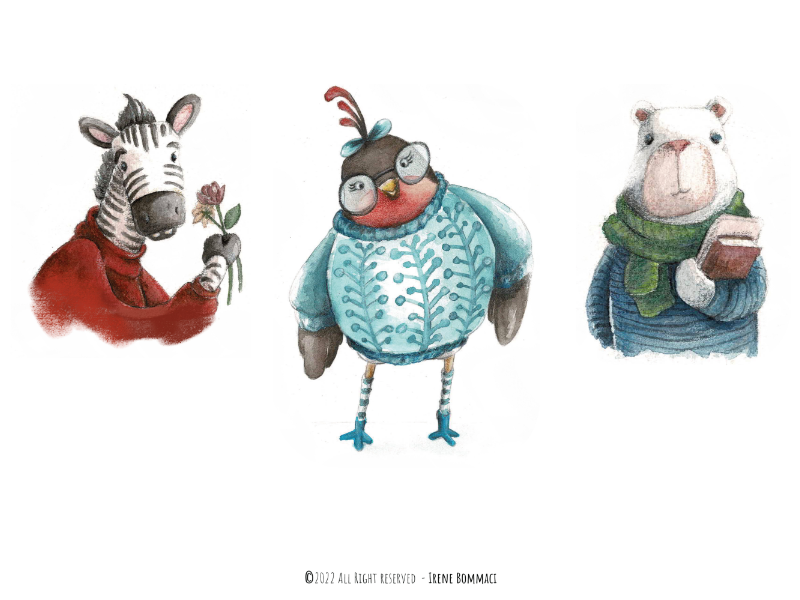 Tre buffi animali antropomorfi: una zebra con una rosa, un uccello con occhiali e giacca a stelle e una lumaca, e un orso con un libro e una sciarpa