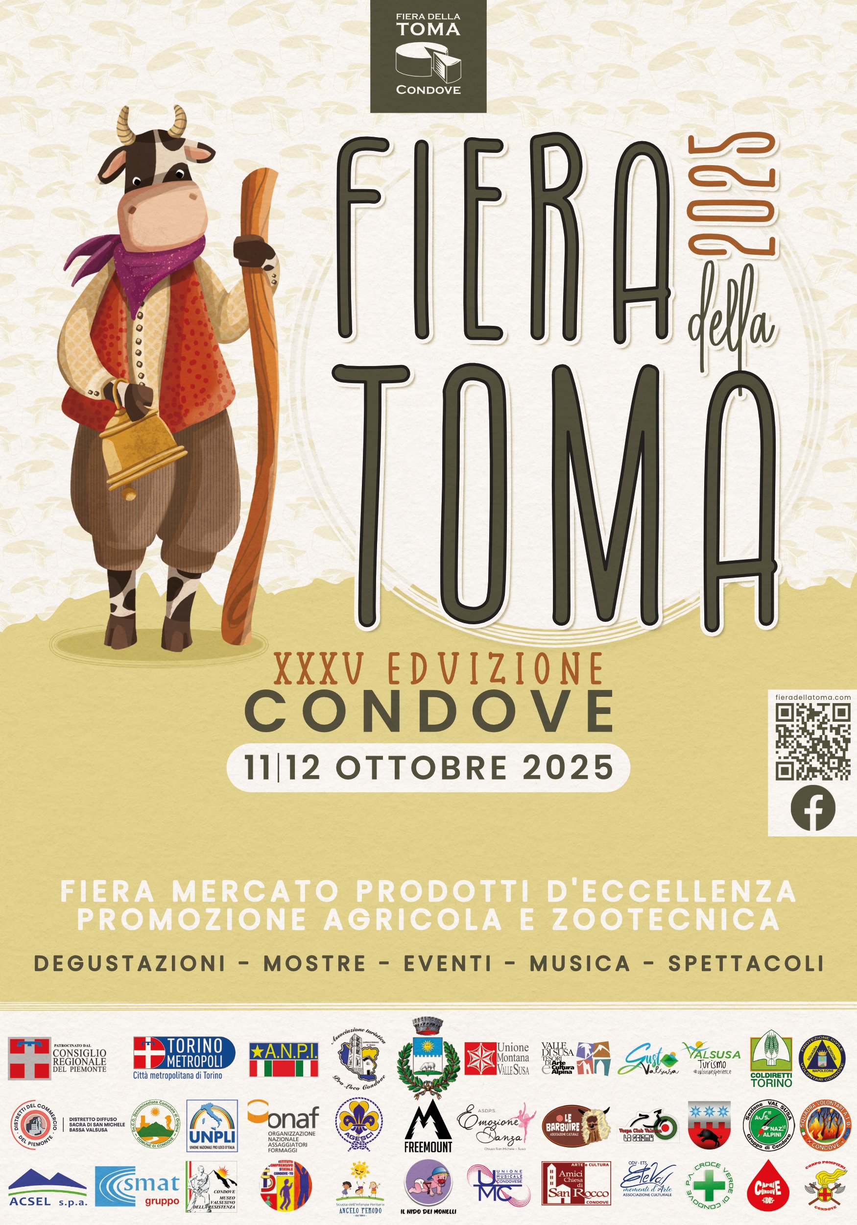 Locandina della Fiera della Toma condove 2025, con un'immagine di una mucca stilizzata che indossa abiti tradizionali e tiene un campanaccio e un bastone, con informazioni sulla data, il luogo, e dettagli degli eventi.