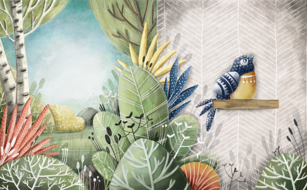 Un'illustrazione di una scena naturale con molte piante verdi, alcuni alberi e un uccello blu sopra una mensola.