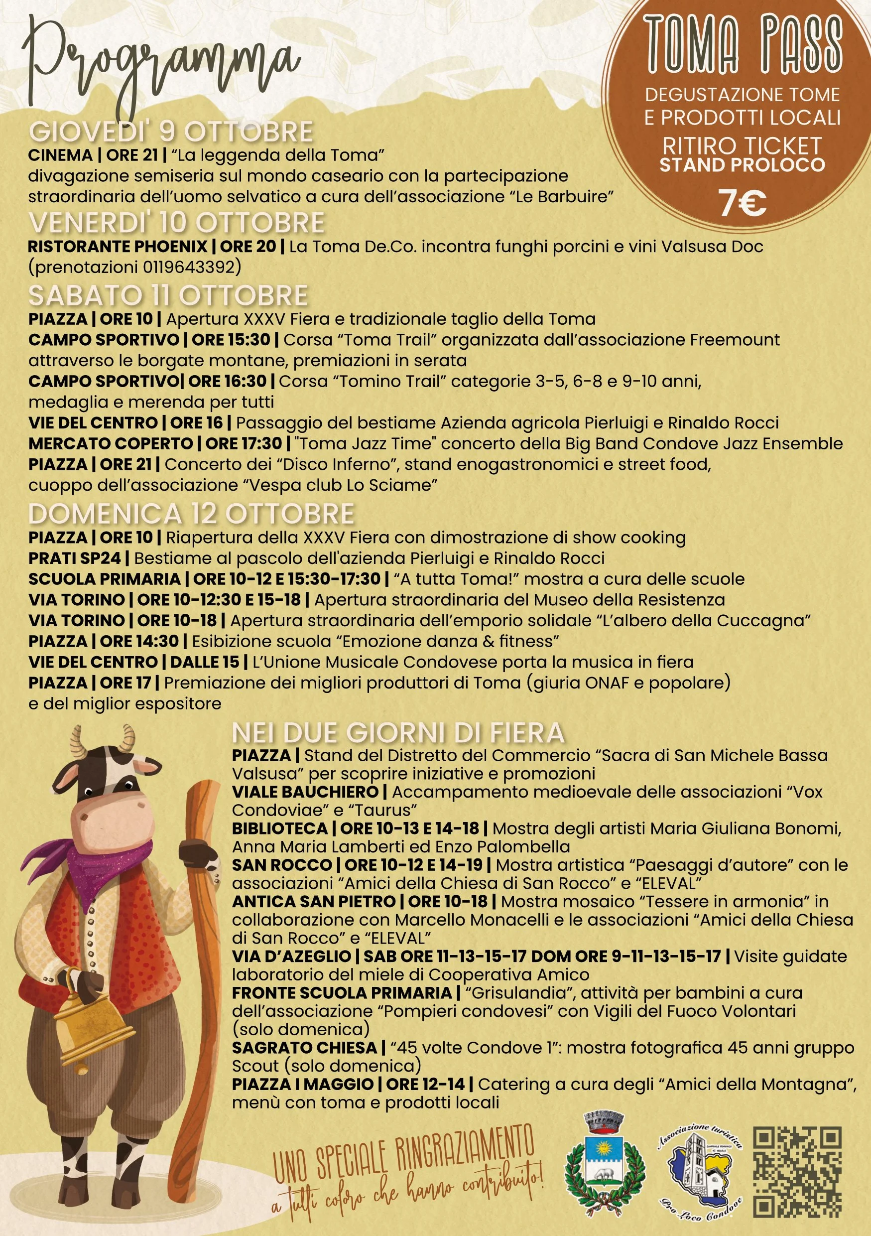 Un programma di eventi e attività per una fiera o festival. Include dettagli di più giornate con orari, luoghi e descrizioni di eventi come degustazioni, concerti, mostre, attività per bambini e visite guidate, accompagnato da un'immagine di una mucc