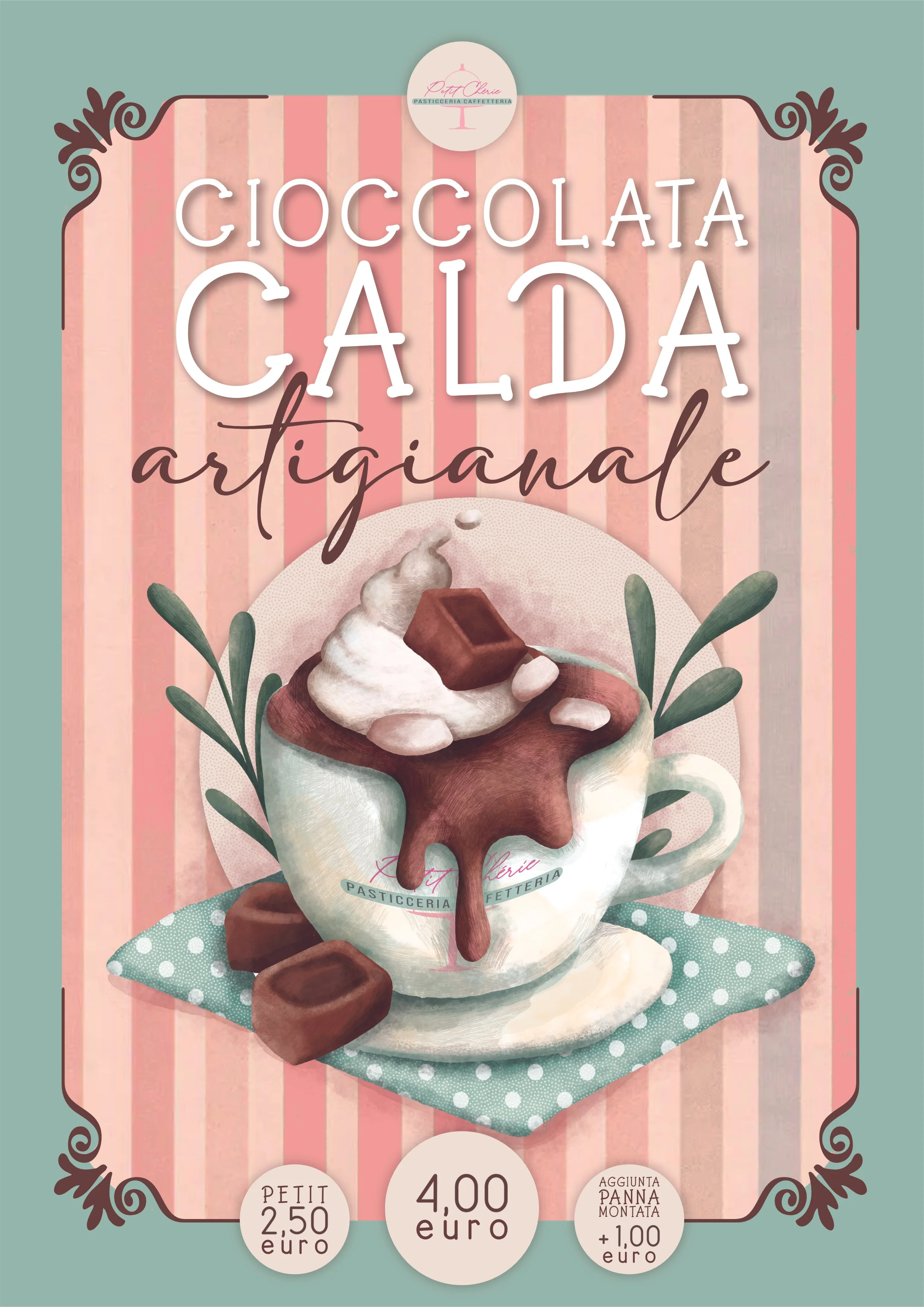 Pubblicità di cioccolata calda artigianale con panna montata, decorata con cioccolatini e foglie verdi, su tovagliolo a pois.