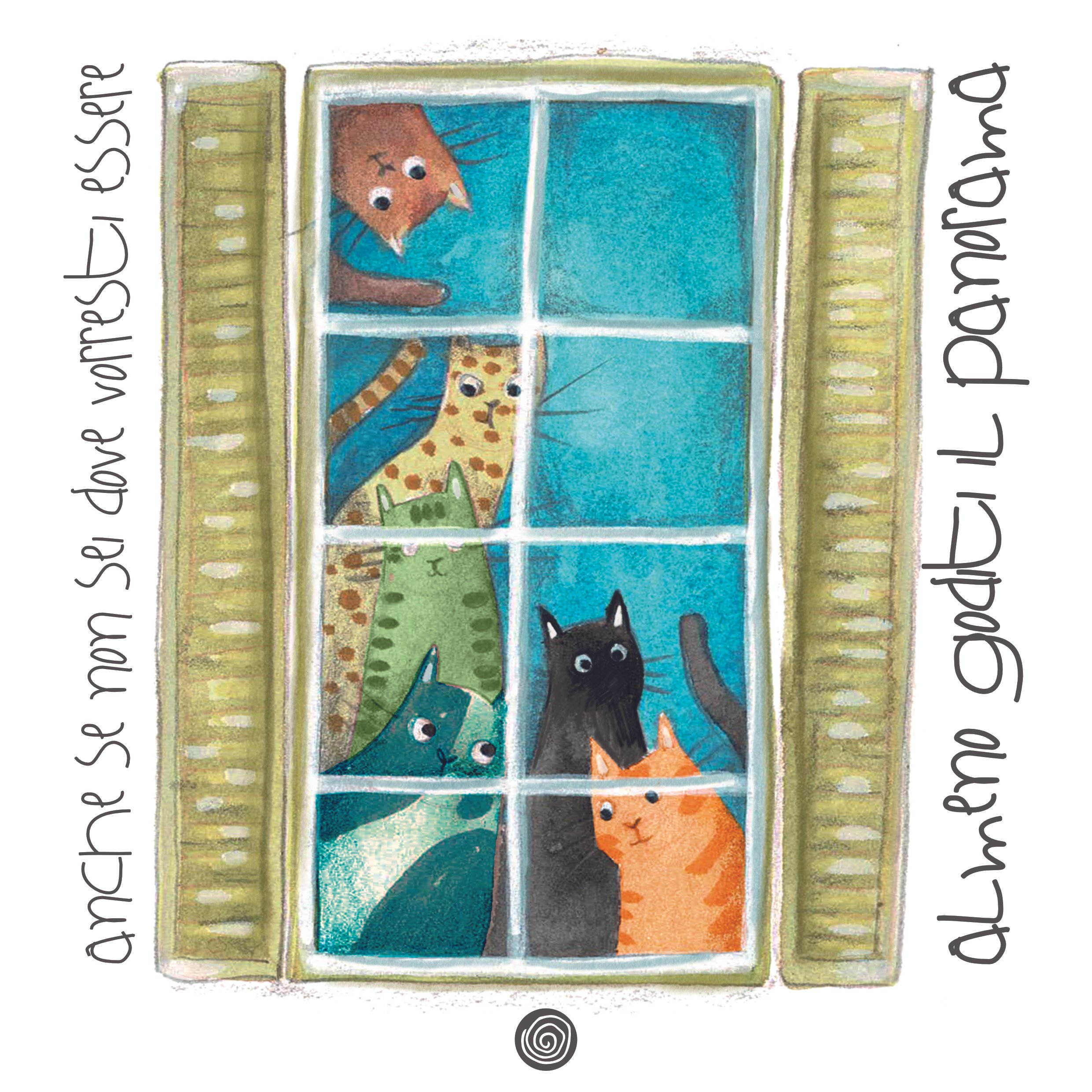 Illustrazione di una finestra con sei gatti di diversi colori che guardano fuori. Scritta in italiano lungo i lati.