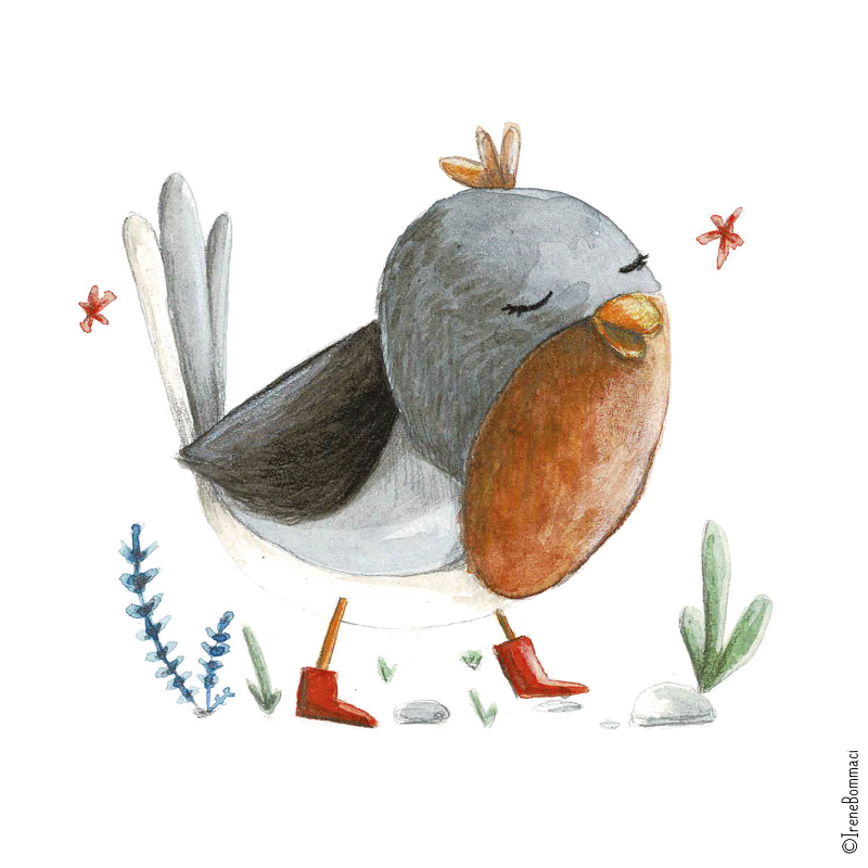 Disegno di un uccellino con il corpo grande e rotondo, ali e testa di colore grigio, becco grande e giallo, con le gambe indossando stivali rossi. L'uccellino ride con gli occhi chiusi. Intorno ci sono piante e fiori stilizzati e alcune piccole stell