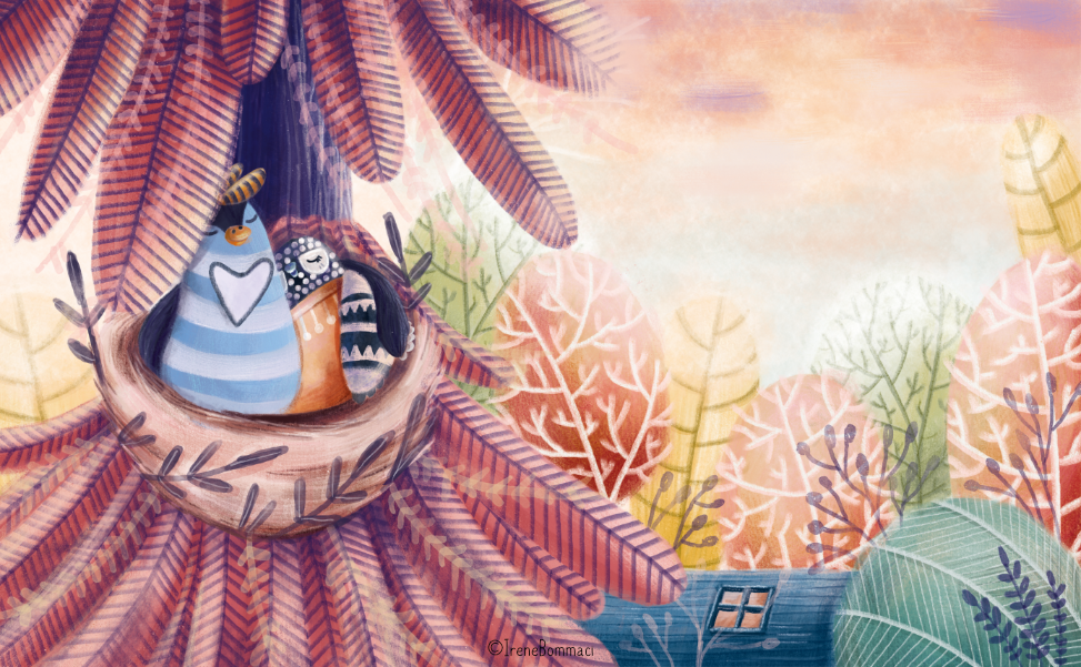 Un uccellino stilizzato in un nido tra rami e foglie colorate in un ambiente fantasioso