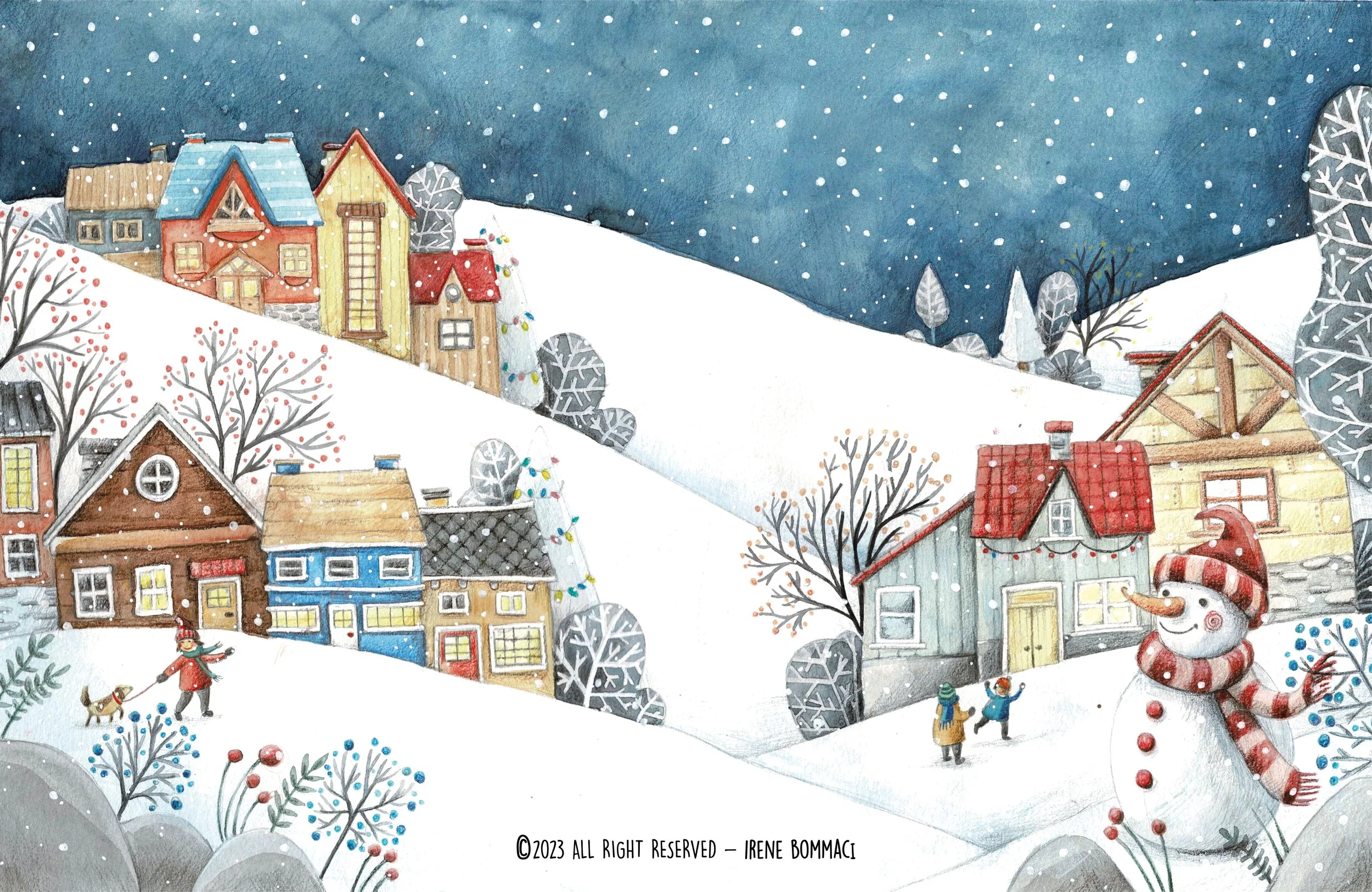 Paesaggio invernale con case colorate sulla neve, persone che giocano e un pupazzo di neve, sotto cielo notturno con neve che cade.