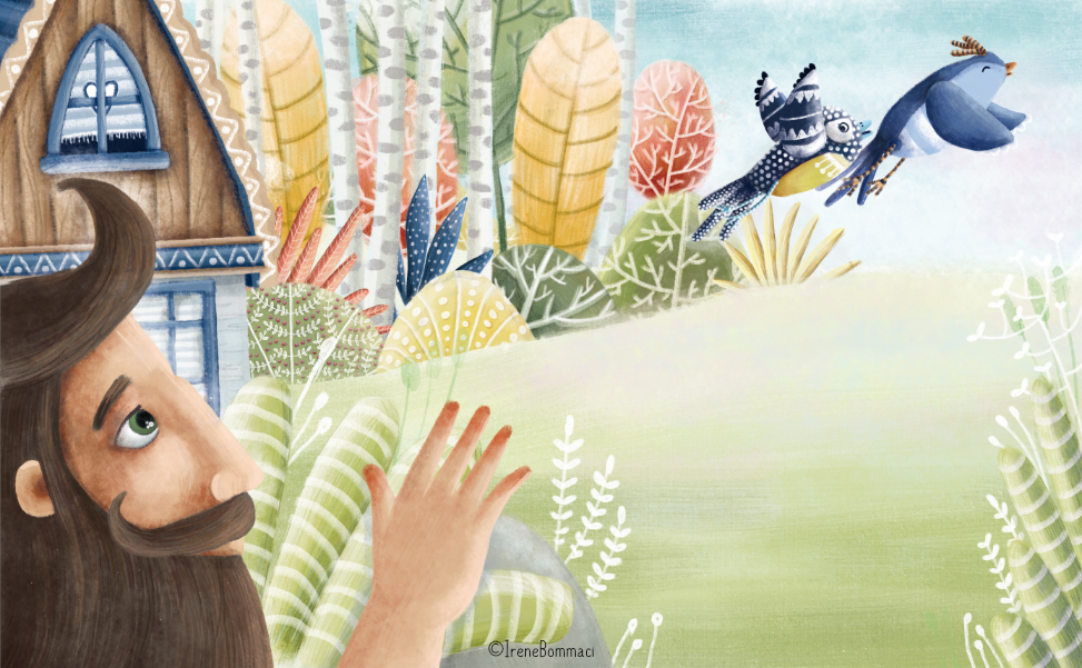 Un uomo con barba e capelli castani germani guardando un ramo con uccelli colorati volare in un ambiente naturale con vegetazione e alberi.