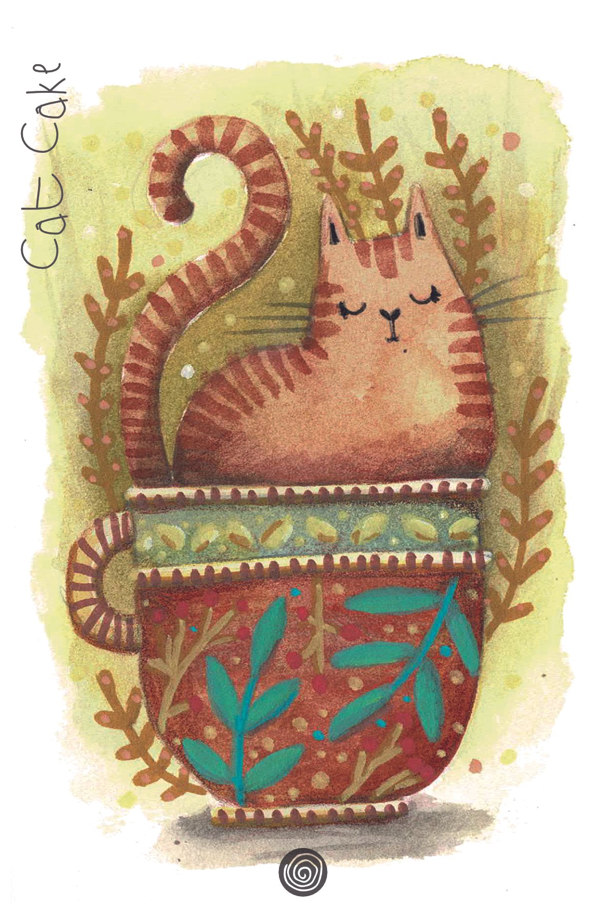 Cattura di un gatto stilizzato, con orecchie appuntite e occhi chiusi, sopra un vaso decorato con foglie verdi e rosse, circondato da foglie marroni su uno sfondo giallo-verde.