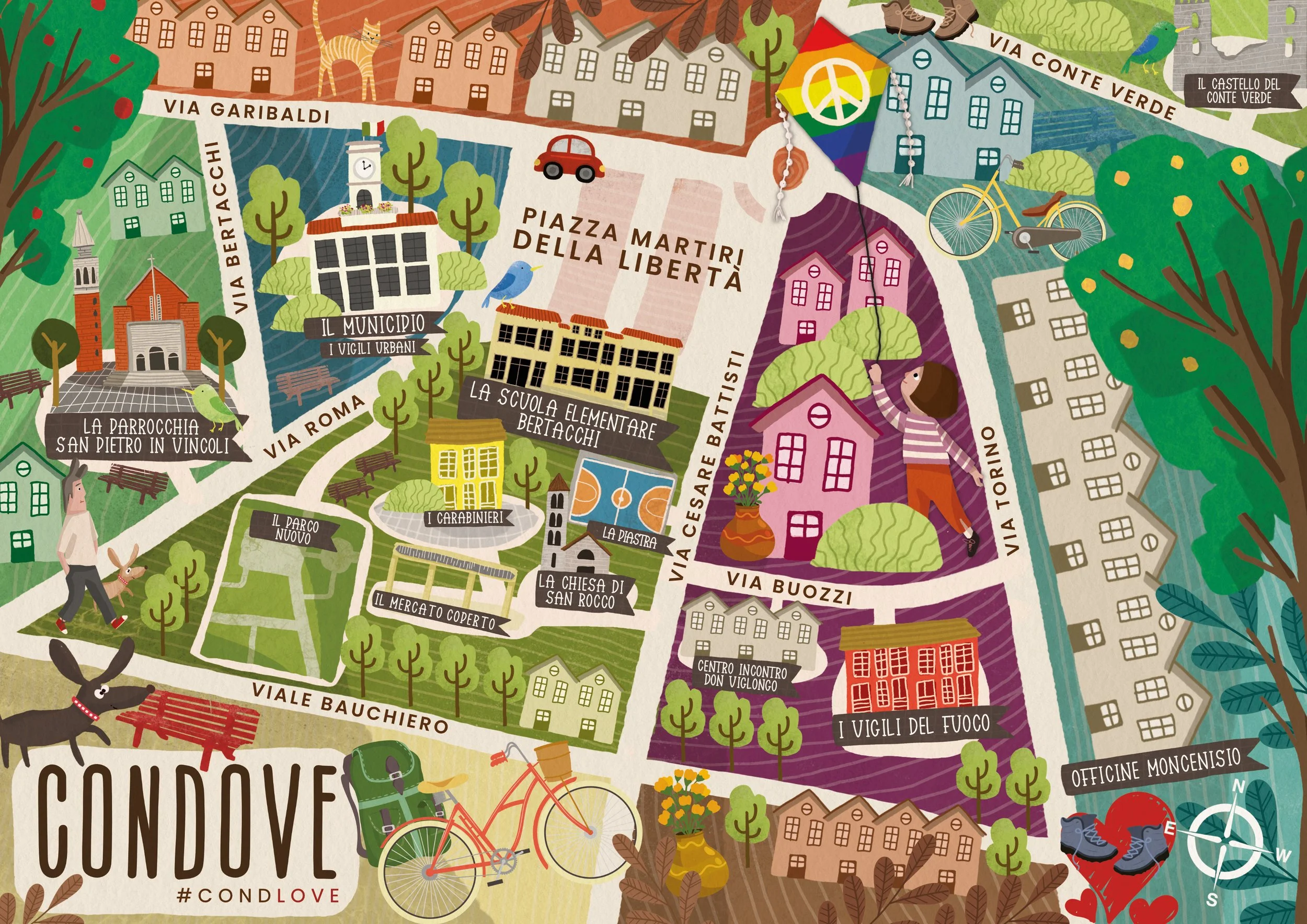 Mappa illustrata di Condove con luoghi e strade principali, alberi, case colorate, un bambino che lancia un aquilone, un ciclista, cani e un personaggio bambino che gioca. Include punti di interesse come il municipio, la scuola, la chiesa, il centro 