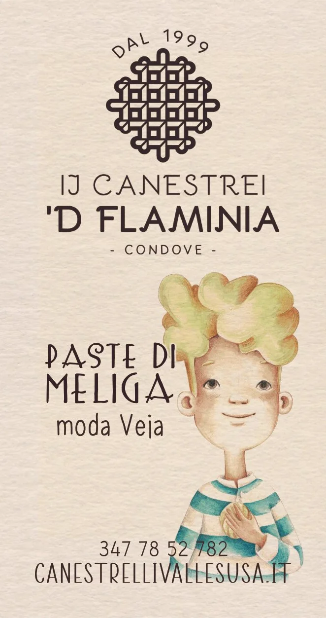 Biglietto pubblicitario con testo e un'illustrazione di un bambino con capelli verdi e una maglietta a righe. Il testo include il nome di un'azienda, un prodotto chiamato "Paste di Meliga" e un numero di telefono con sito web.