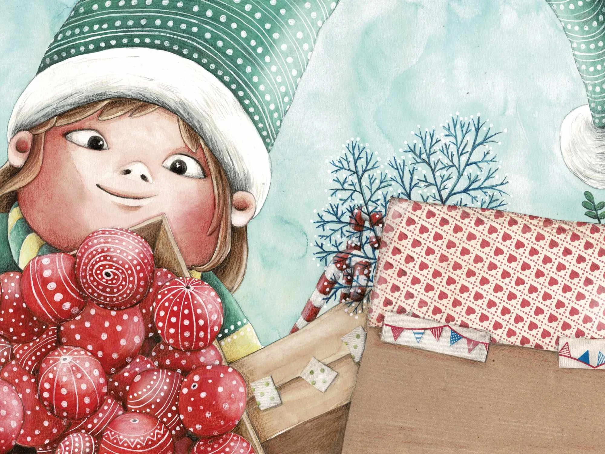 Illustrazione di una ragazza con un cappello natalizio che mangia un biscotto, circondata da decorazioni natalizie, pacchi regalo, e un albero spoglio sullo sfondo, in stile cartone animato.