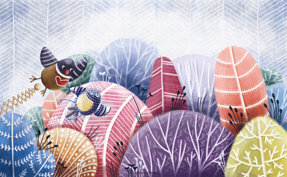 Illustrazione colorata di foglie stilizzate di vari colori e due insetti cartoon, uno con grandi occhi e ali con strisce, e un altro con ali decorate da motivi, in un ambiente naturale