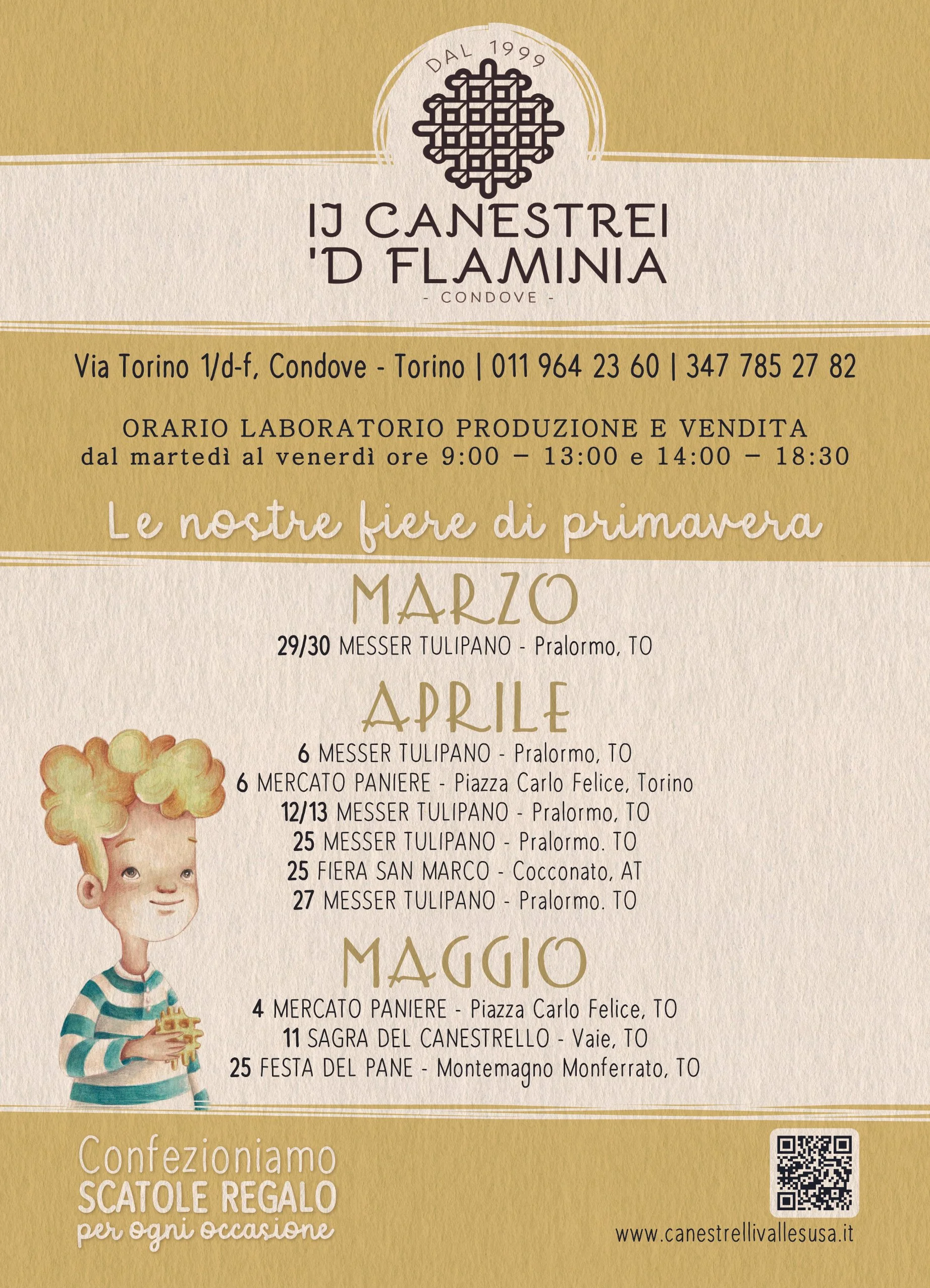 Volantino delle fiere di primavera di canestri d'Flamina con dettagli su date, luoghi e orari, e un'illustrazione di un bambino con capelli verdi e una maglietta a righe. Il volantino include anche un QR code e il sito web.