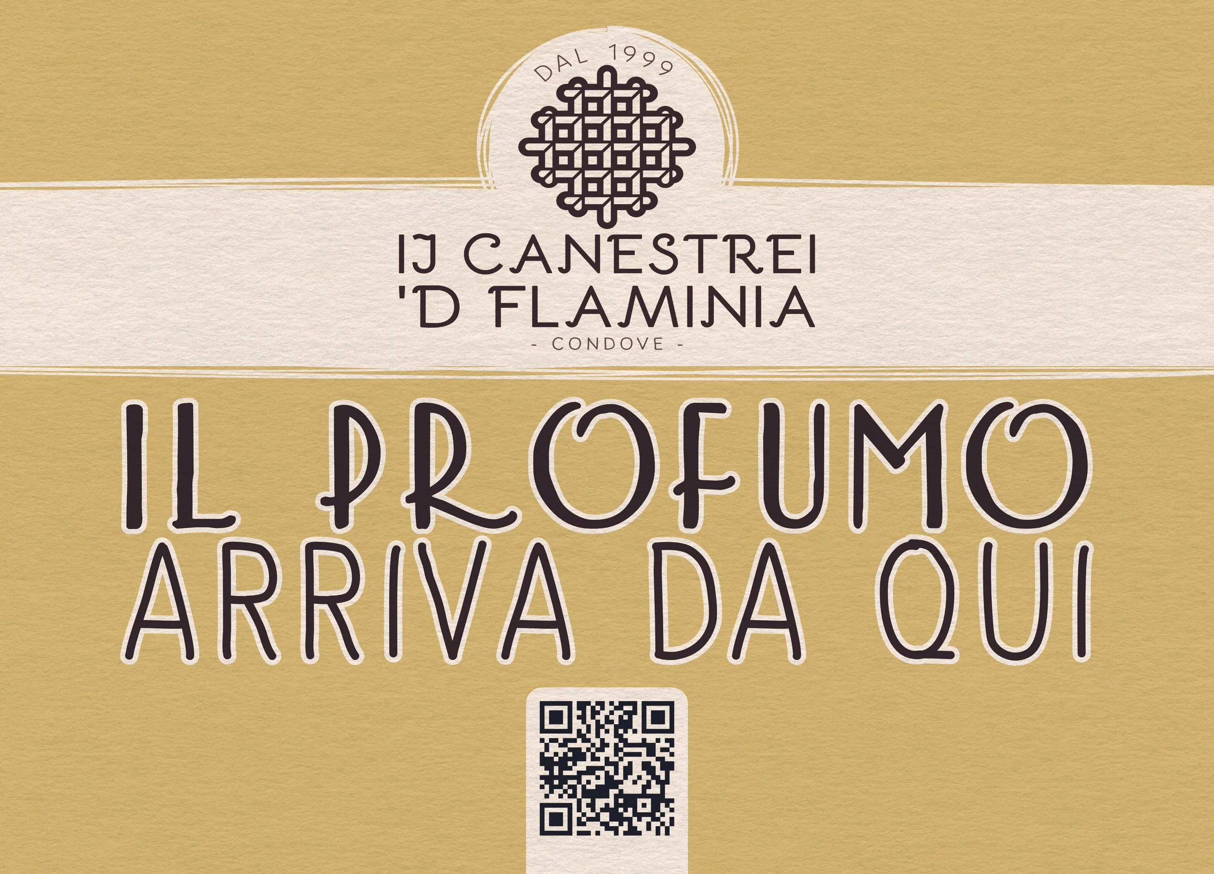 Segnale di avviso con sfondo beige e scritte in italiano: "Il profumo arriva da qui" con un codice QR in basso.