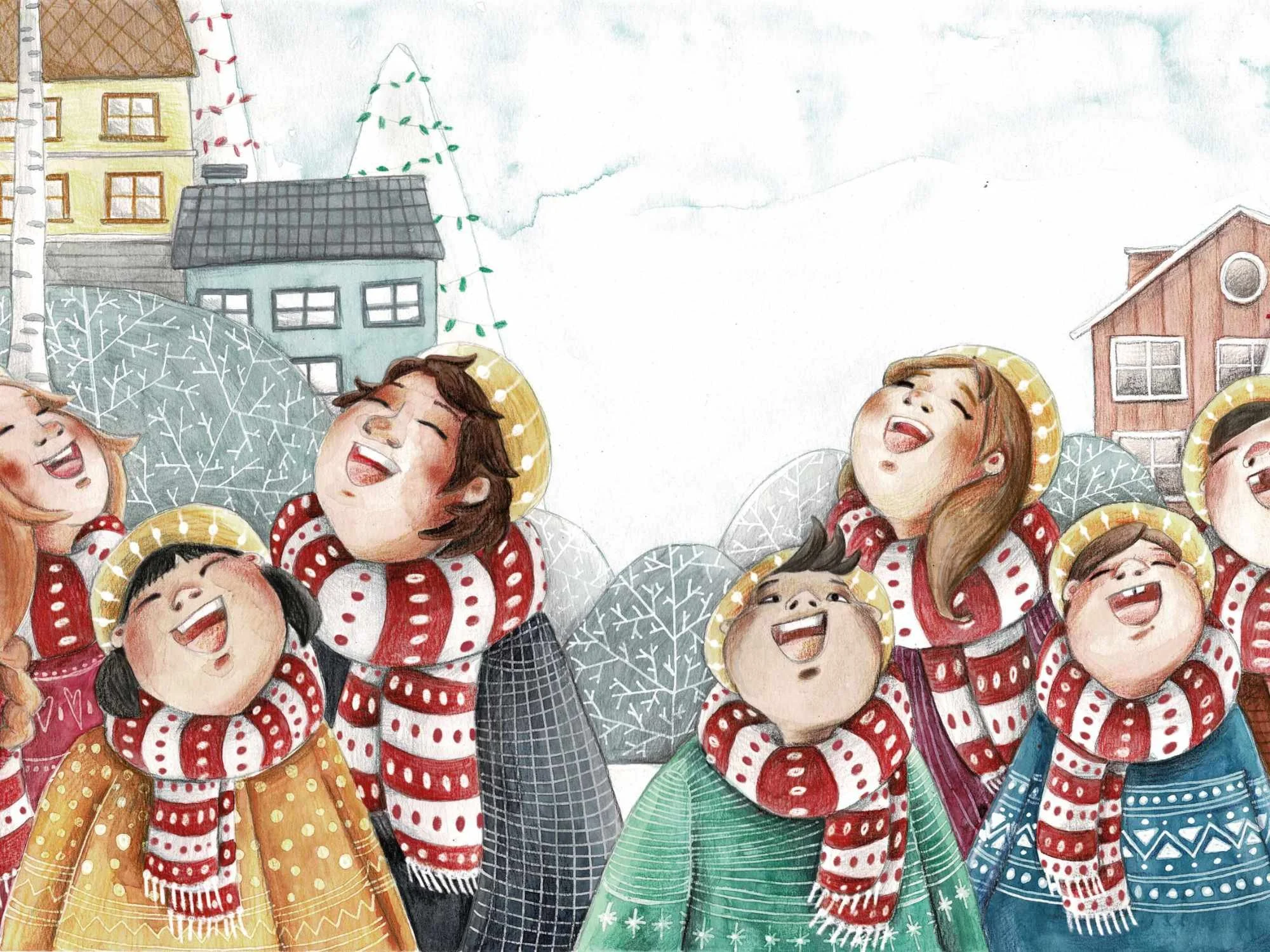 Un gruppo di persone sorridenti, indistinti, che indossano sciarpe rosse e bianche con pois, e cappelli colorati, che cantano o rideranno in un contesto natalizio con alberi decorati e case sullo sfondo.