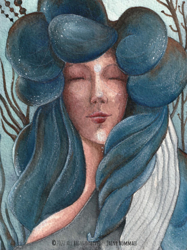 Ritratto di una donna con capelli blu, acconciatura elaborata e sfondo con elementi naturali, stile acquerello.