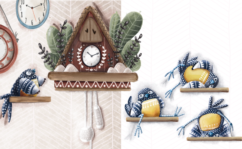 Decorazioni murali con orologi, un pappagallo di stoffa, e uccelli di stoffa su mensole, in uno stile artigianale e colorato.