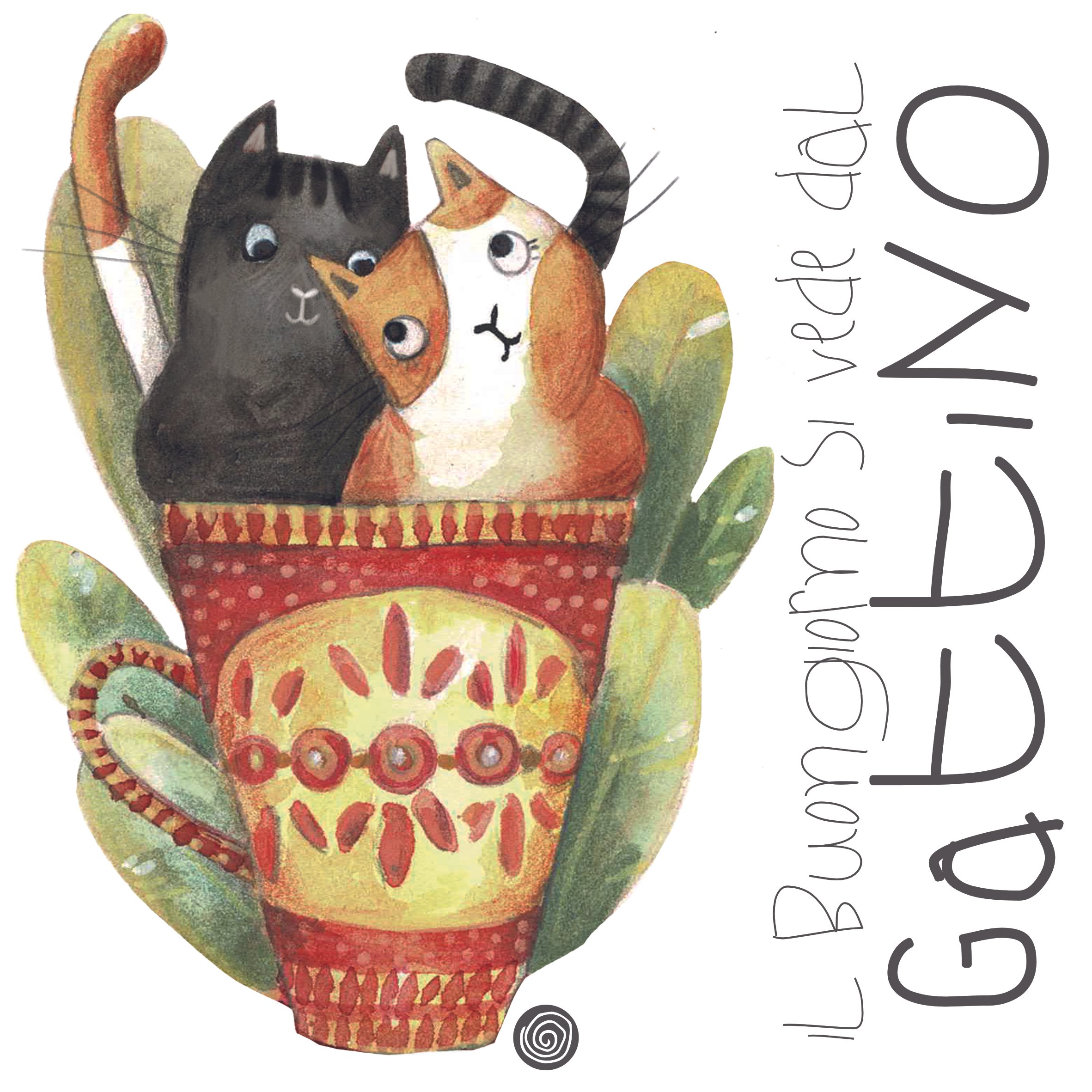 Illustrazione di due gatti seduti in una tazza decorata con foglie di cactus, accompagnata dal testo 'L'auguri di San Valentino'.