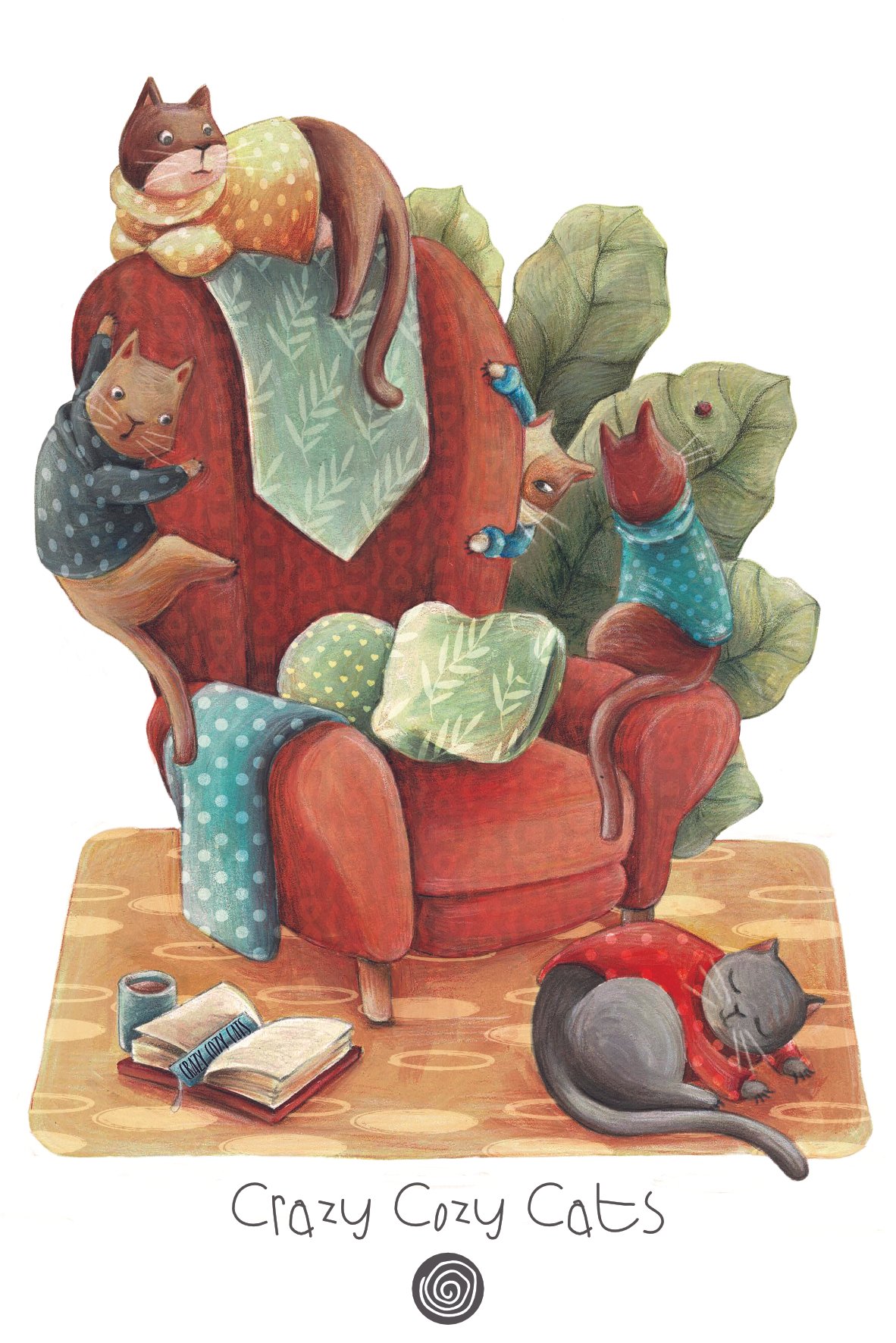 Illustrazione di cinque gatti che si riposano e si rilassano in una stanza, alcuni sullo schienale di una poltrona rossa e altri che giocano o dormono sul pavimento, con libri, candele e coperte intorno. Titolare 'Crazy Cozy Cats'.
