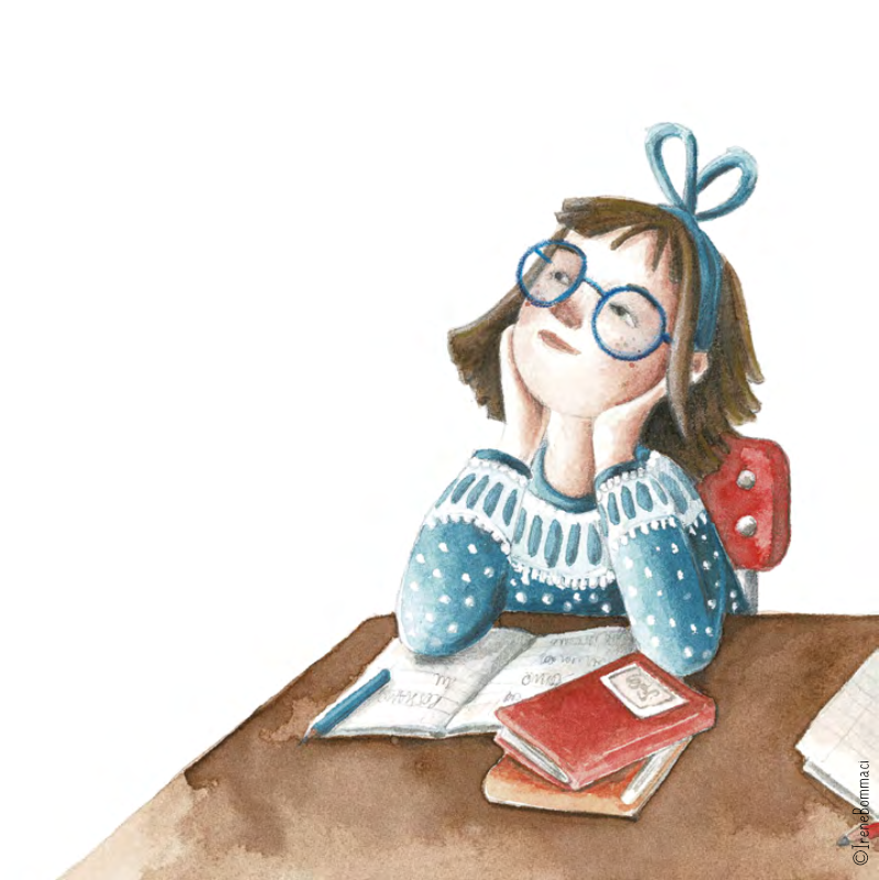 Una ragazza con occhiali e una grande fascia blu sulla testa, che sorride con gli occhi chiusi, appoggiando il volto sulle mani, seduta a un tavolo con libri e quaderni.