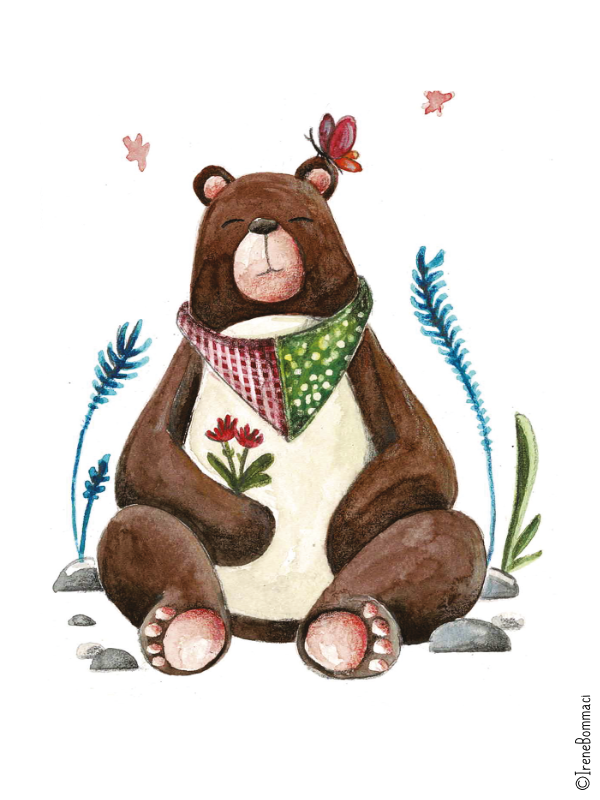 Orso di pezza seduto con una pianta rossa in mano, circondato da fiori e pietre, indossa bandana verde con pois e sciarpa rossa e bianca a quadretti, con farfalle rosa in atmosfera giocosa.