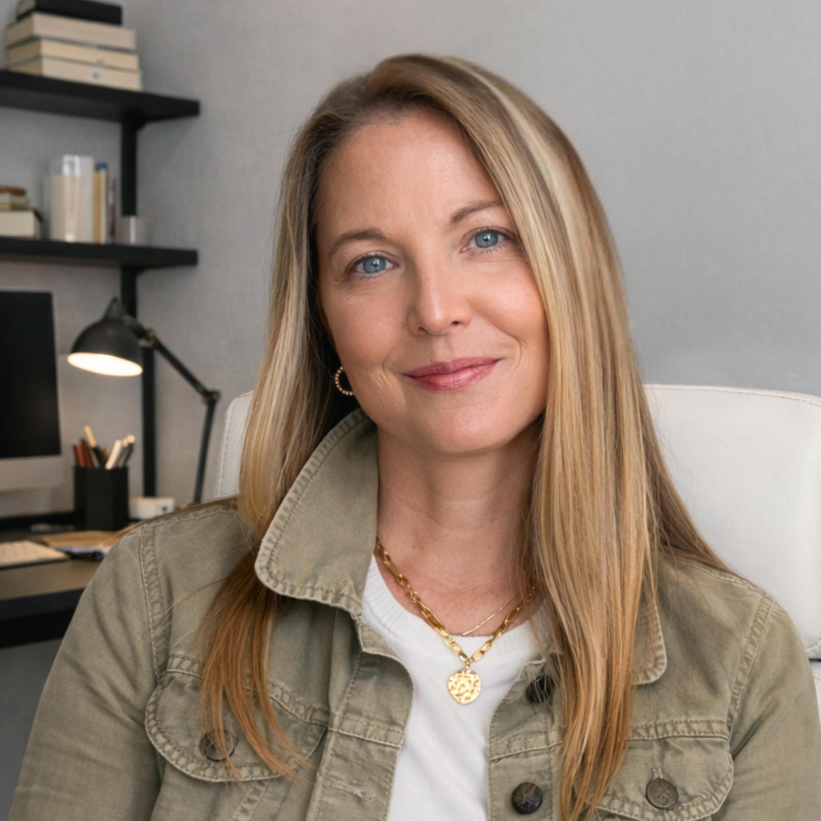 Jo Holt in an office as she prepares the Divine Resilience framework.