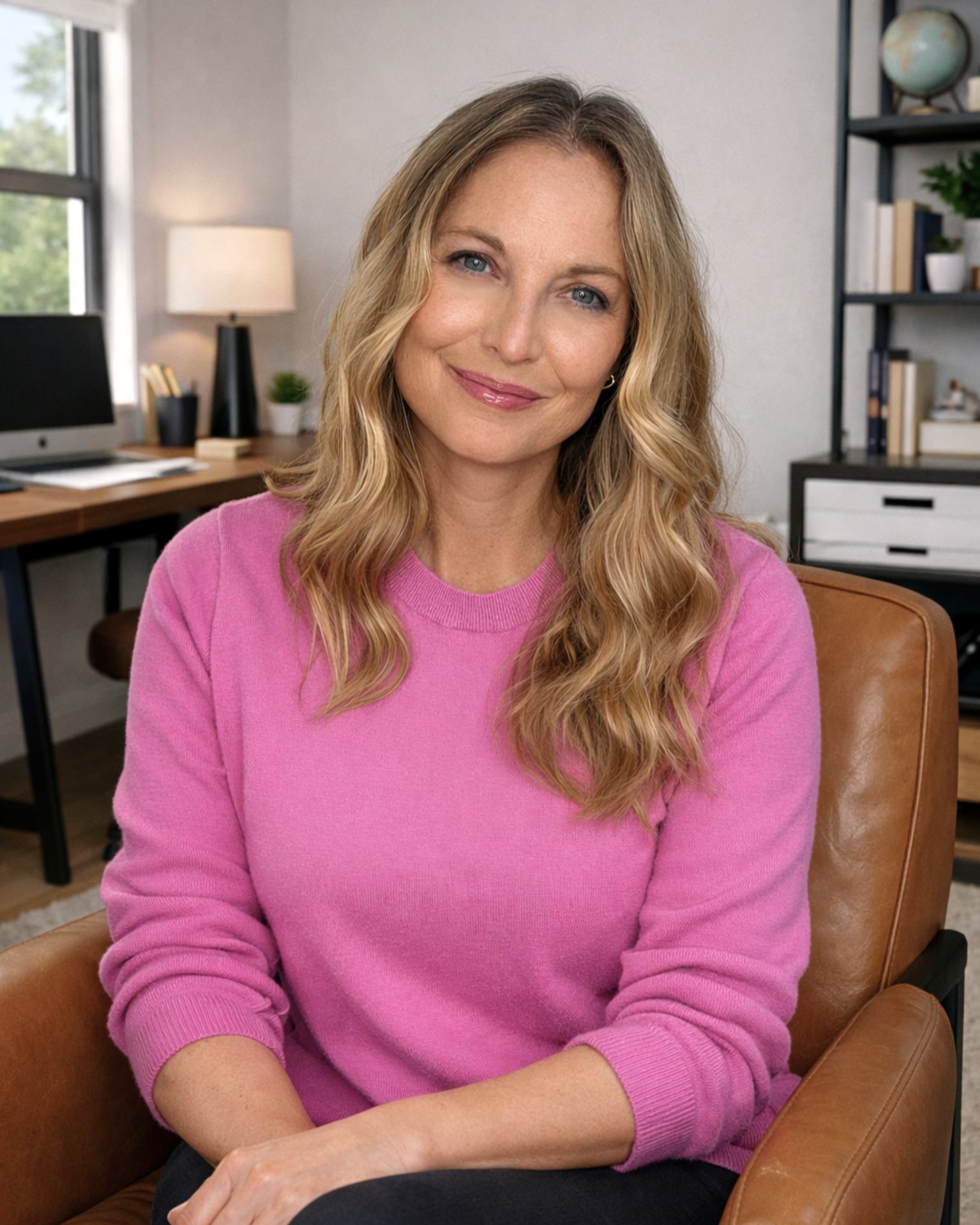 Founder Jo Holt sitting in an office.