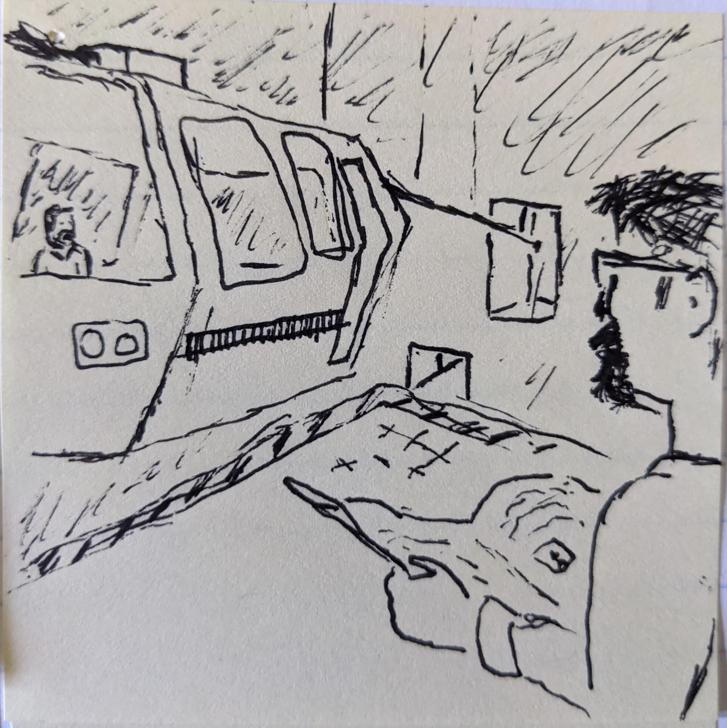 Gordon Freeman watches the administrator, Wallace Breen, as he rides the rail to his office 