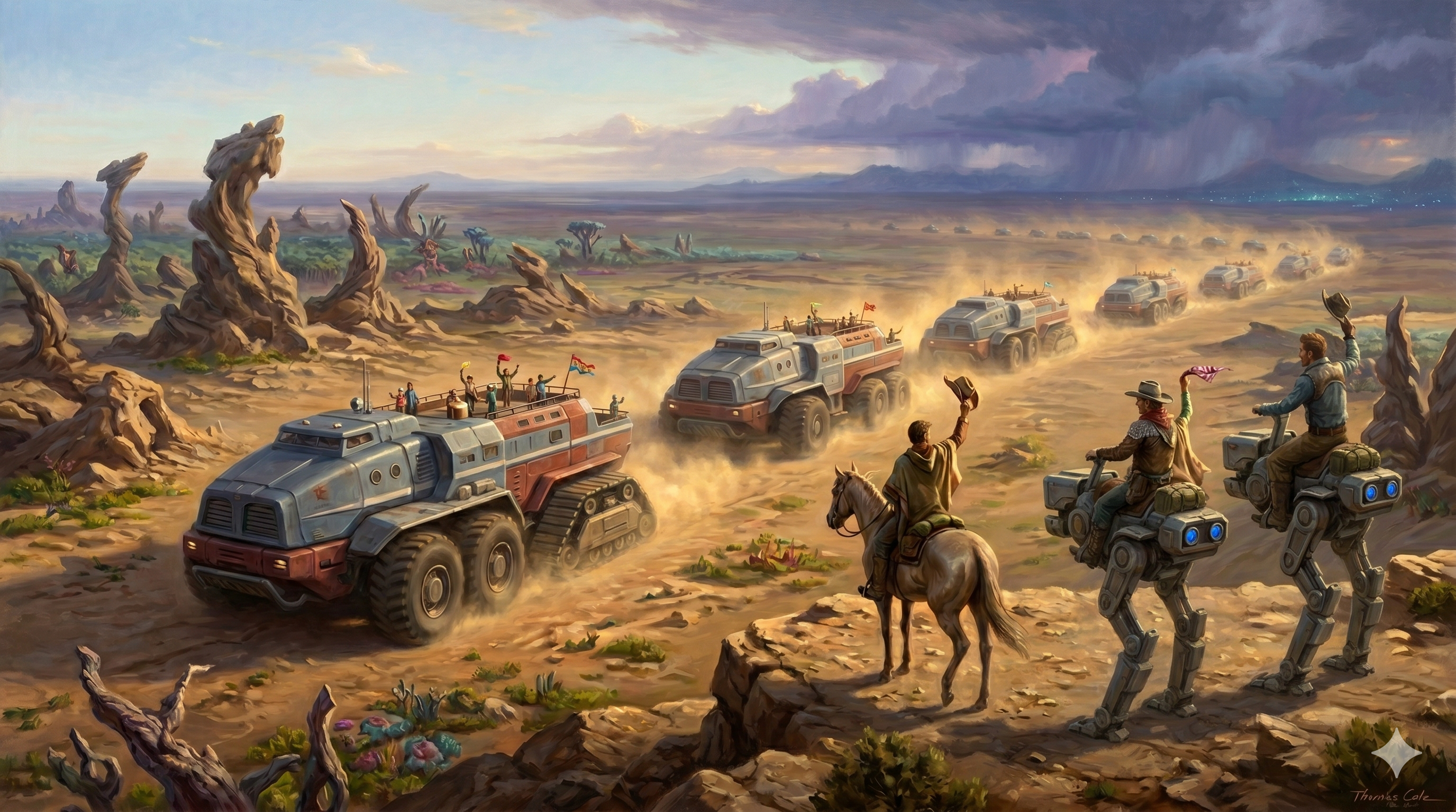 Frontier Explorers riding Horses and 'runner mechs' salute a wagon train of passing landships full of families amidst the harsh foreign landscape of an alien world