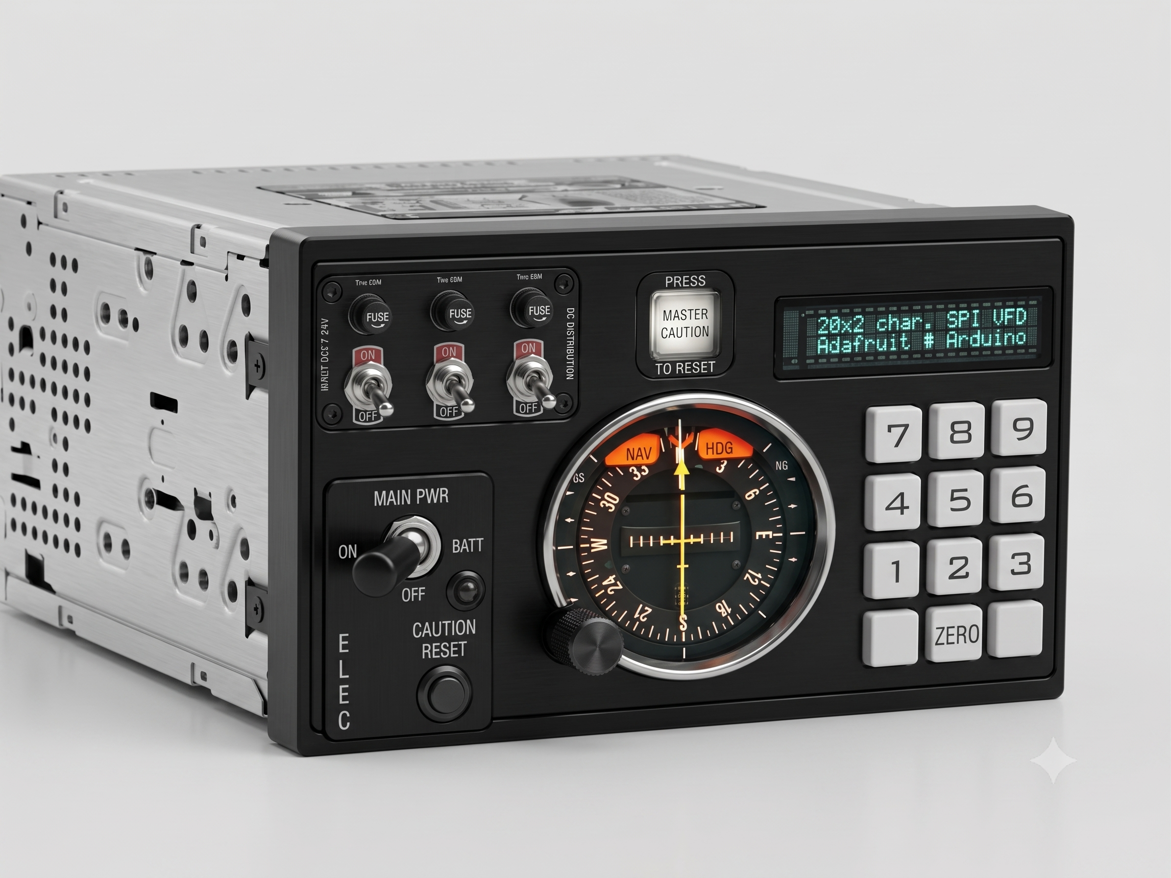 a double-DIN sized radio designed to host tactile controls, like those in a fighter jet or space shuttle, to your car; letting you ker-chunk all the big switches before you start driving
