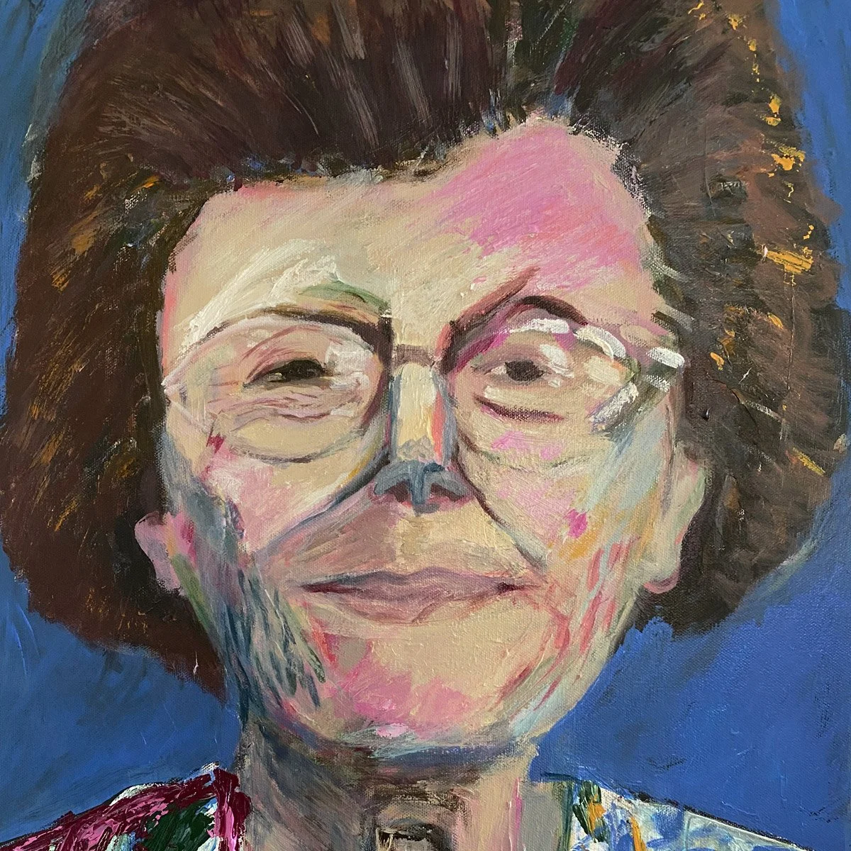 Painting of a woman with short hair and glasses, wearing a patterned outfit, against a blue background.