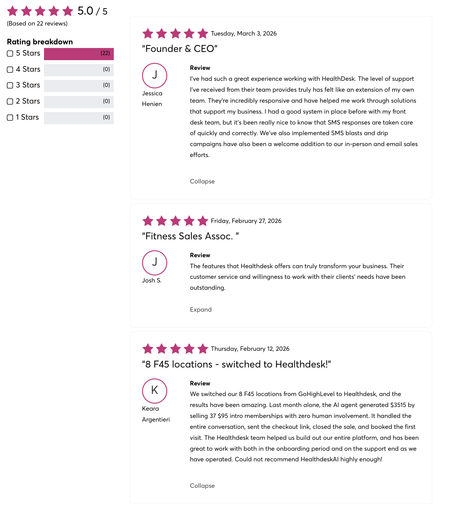 HealthdeskAI 5-Star Rating Mindbody Partner Store