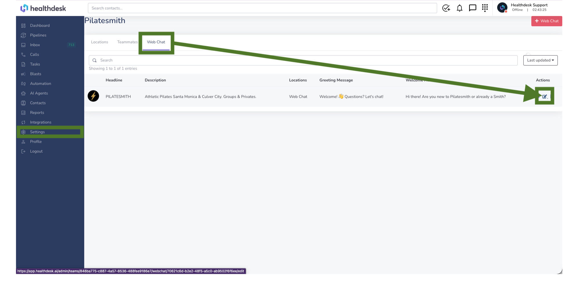 1. Click Settings in the left-hand menu.  2. Select the Web Chat tab.  3. Click the Edit icon on your widget.