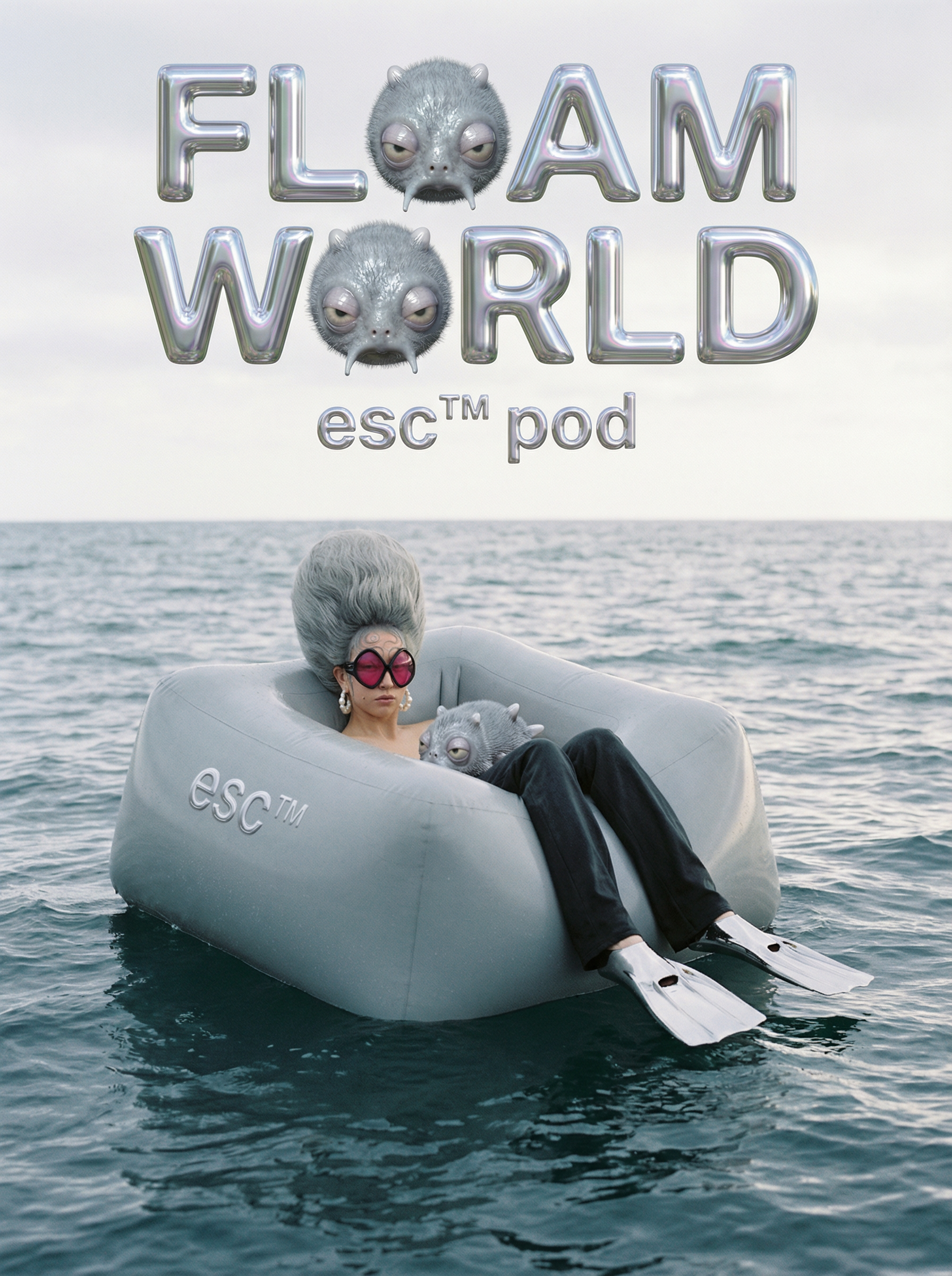 A person with an elaborate gray wig, large pink sunglasses, and vintage-style earrings is reclining in an inflatable gray boat on the ocean. Two cartoonish, furry, gray creatures with sleepy eyes are riding in the boat with them. The background features a cloudy sky and calm water. Above, the text reads 'FLOAM WORLD' with two creature faces replacing the 'O's, and smaller text below says 'esc™ pod.'