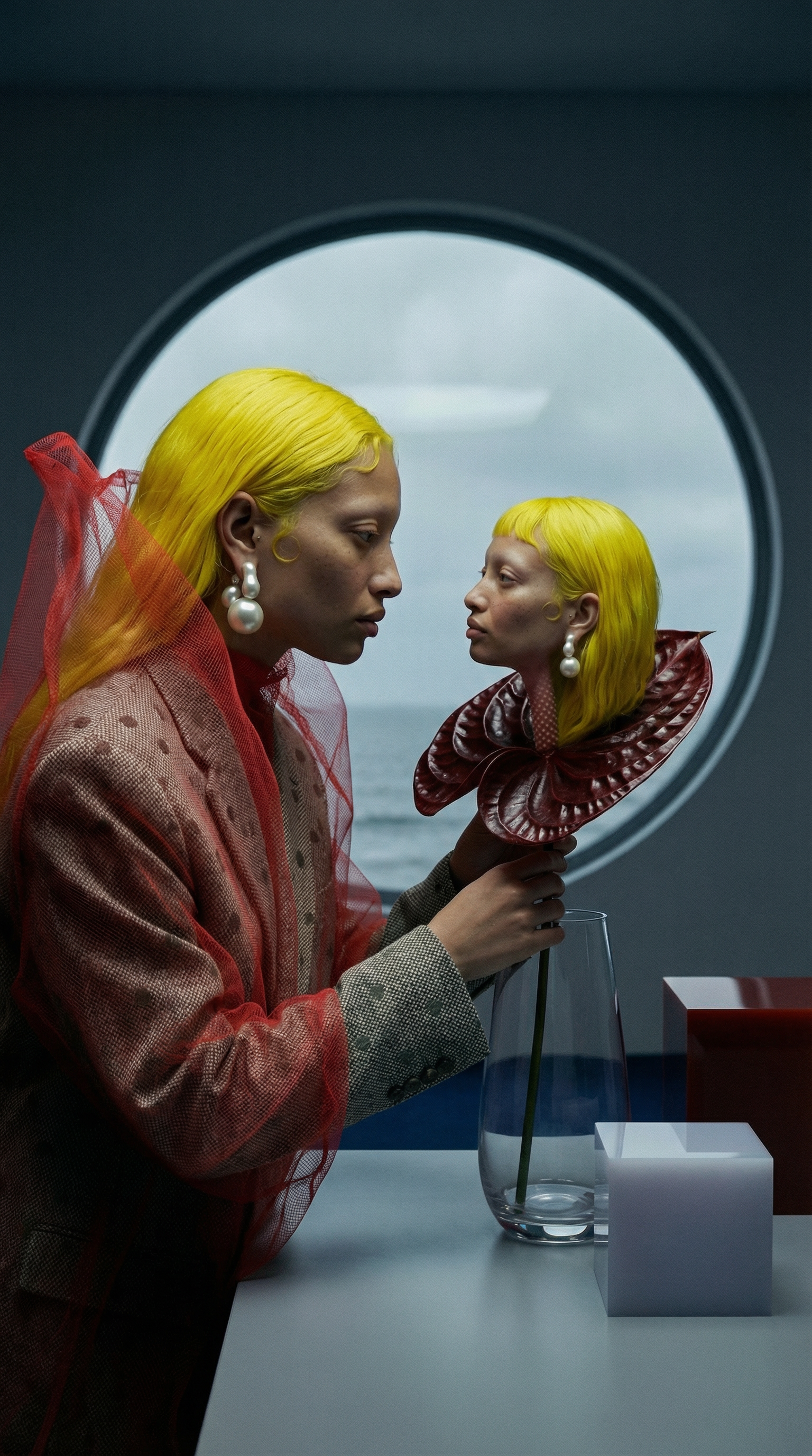A person with yellow hair and large pearl earrings looks at a manikin head with matching yellow hair, situated on a table inside a room with an oval window showing a cloudy sky and ocean.