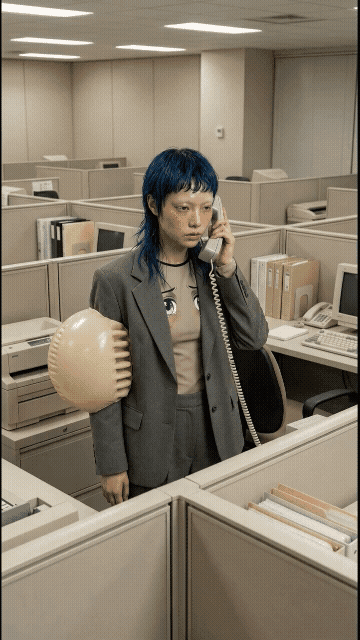 A person with blue hair and a gray blazer standing in an office cubicle, holding a beige vintage telephone receiver to their ear and a beige plastic object resembling a globe.