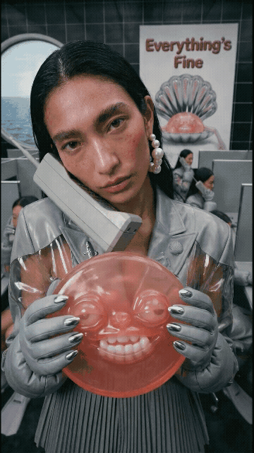 Person holding a pink, smiling face-shaped glass plate, with a telephone held between her shoulder and ear, in a busy environment with a sign that reads "Everything's Fine" in the background.
