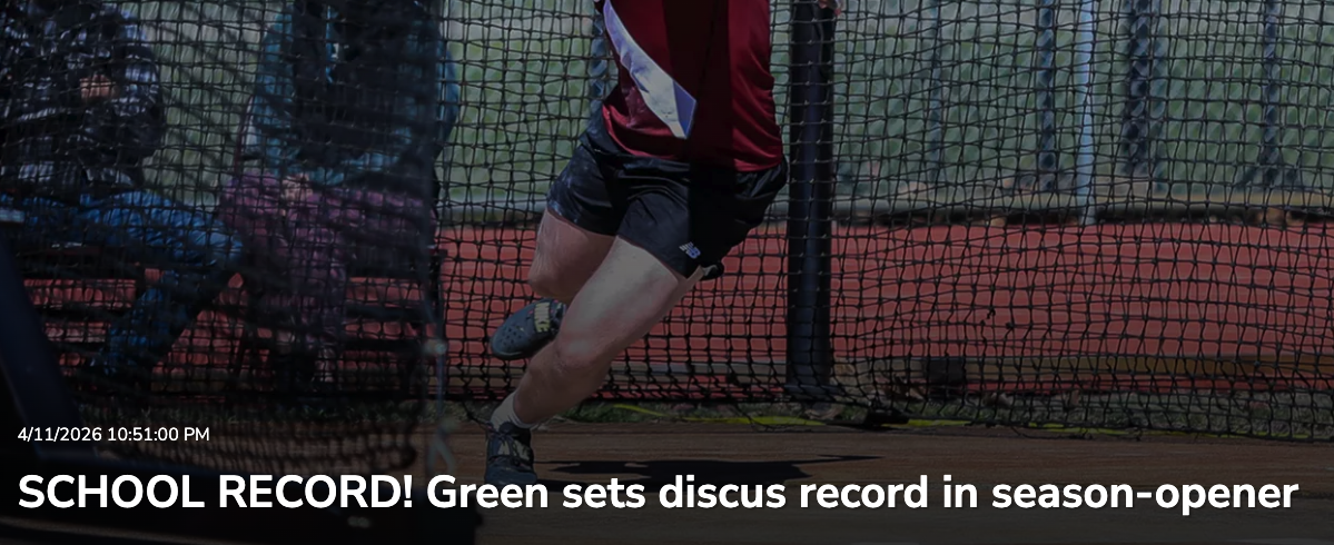 Track and field athlete in red and black uniform breaking a discus throw record during a season opener.
