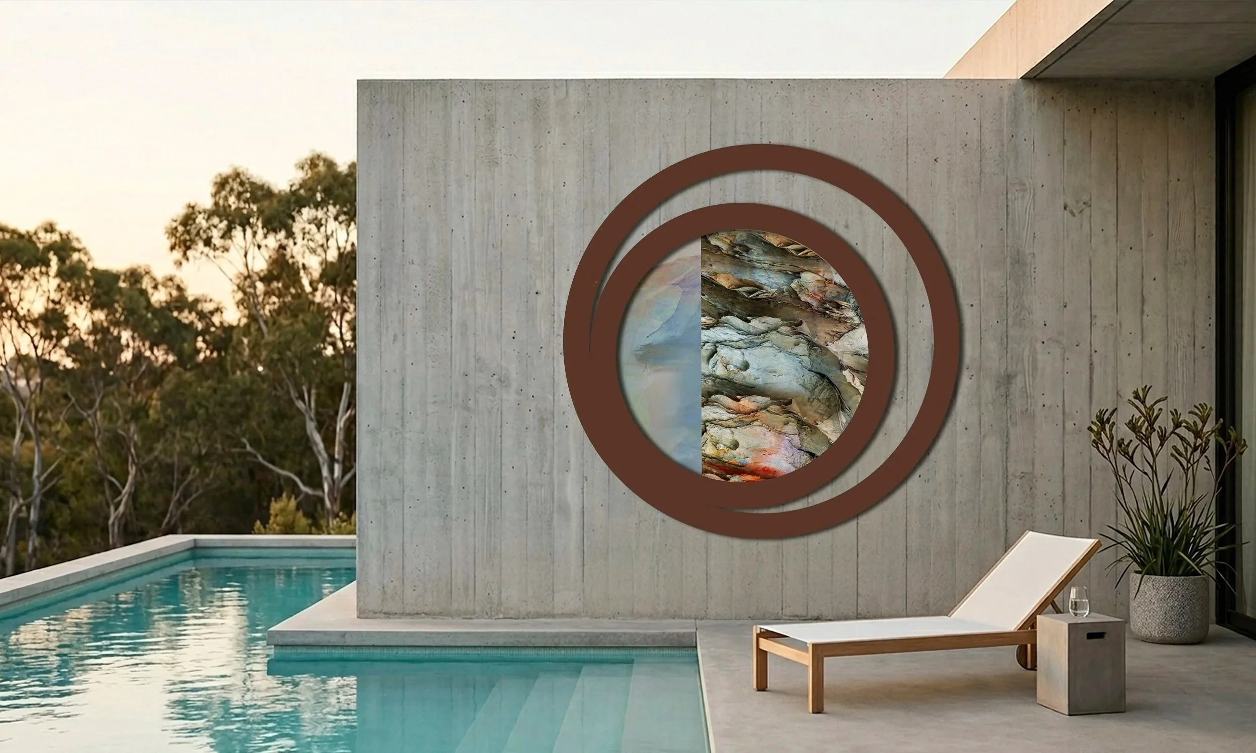 Architectural outdoor art installation of macro tree bark on a minimalist concrete wall beside a luxury pool, Camilla Grace Trade Program."