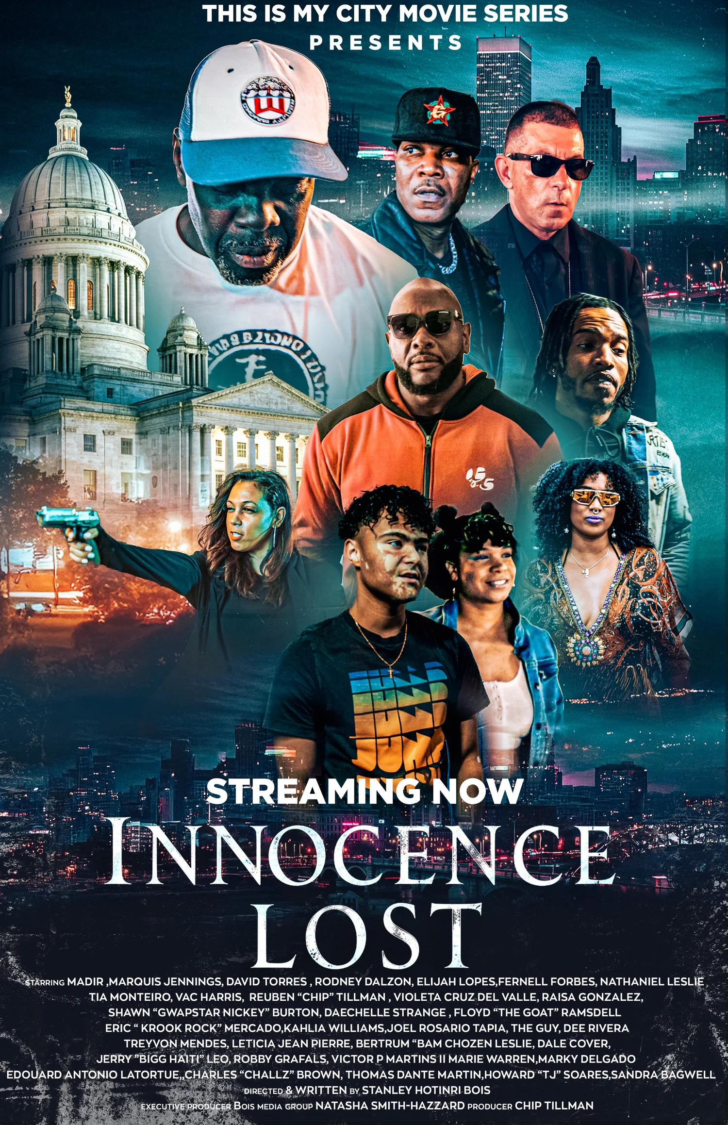 Innocence Lost one-sheet — the ensemble cast above the Rhode Island State House and the city skyline at night.