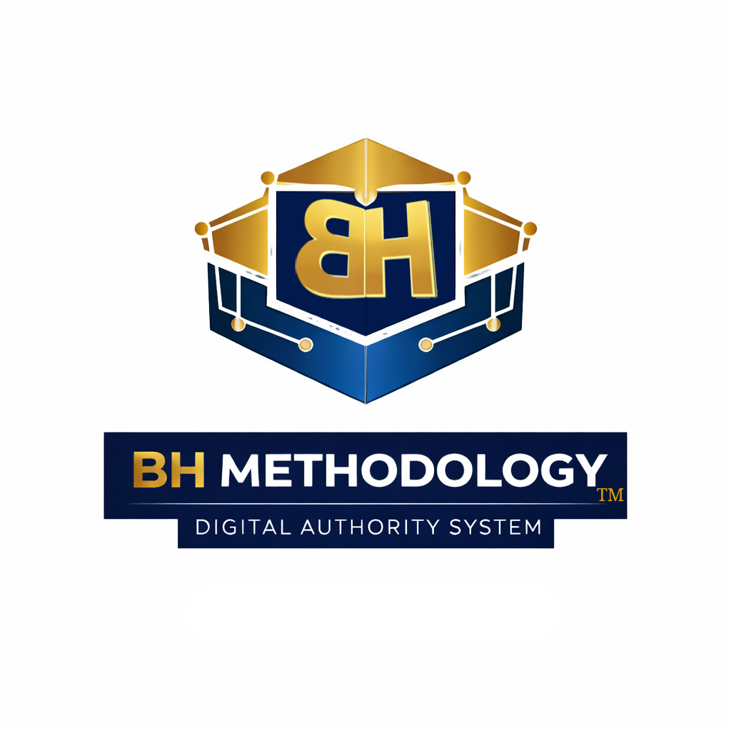 A logo for BH Methodology, featuring a blue and gold 3D cube with the letters 'BH' in the center, and the words 'BH Methodology' and 'Digital Authority System' beneath.